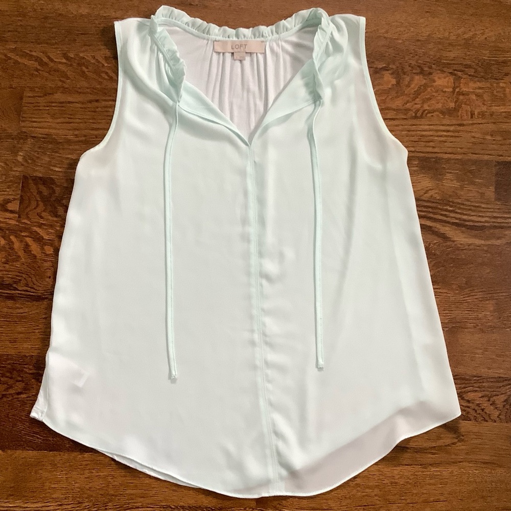 LOFT Ruffle Neck with Tie Mixed Media Tank Top / Shell in Light Blue-Size Small